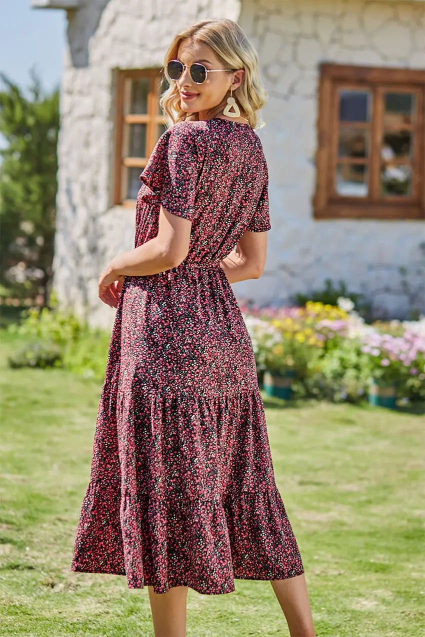 Floral Boho Dress Casual Short Sleeve V Neck Ruffle Tiered Summer Swing Maxi Dresses with Belt PRETTYGARDEN