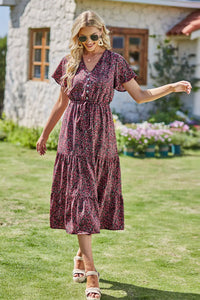 Floral Boho Dress Casual Short Sleeve V Neck Ruffle Tiered Summer Swing Maxi Dresses with Belt PRETTYGARDEN