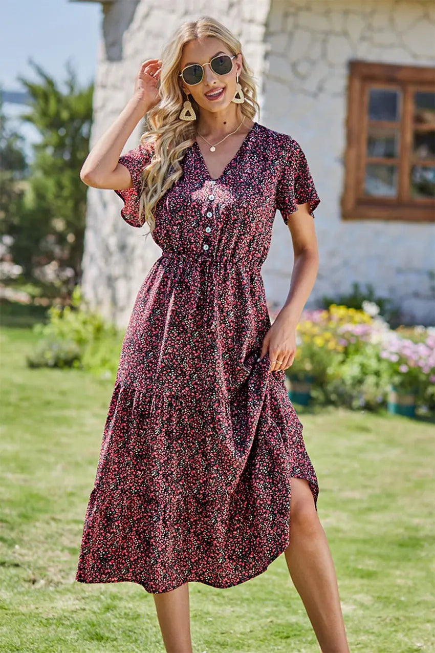 Floral Boho Dress Casual Short Sleeve V Neck Ruffle Tiered Summer Swing Maxi Dresses with Belt PRETTYGARDEN