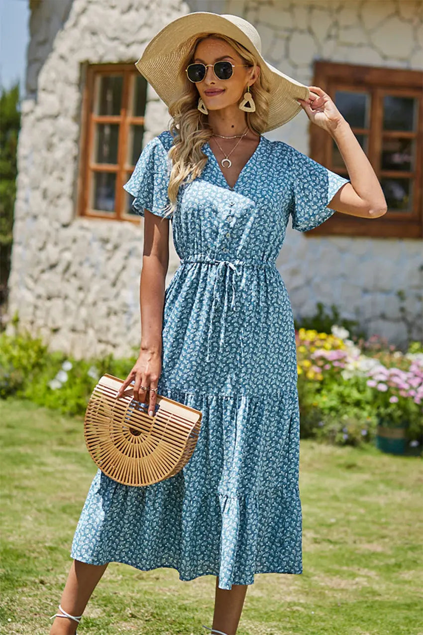 Floral Boho Dress Casual Short Sleeve V Neck Ruffle Tiered Summer Swing Maxi Dresses with Belt PRETTYGARDEN