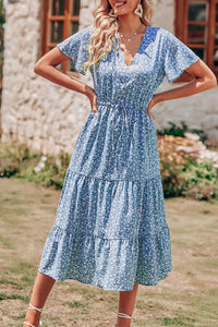 Floral Boho Dress Casual Short Sleeve V Neck Ruffle Tiered Summer Swing Maxi Dresses with Belt PRETTYGARDEN