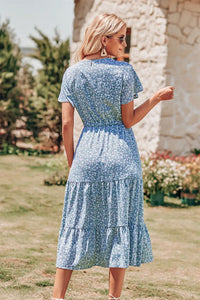 Floral Boho Dress Casual Short Sleeve V Neck Ruffle Tiered Summer Swing Maxi Dresses with Belt PRETTYGARDEN