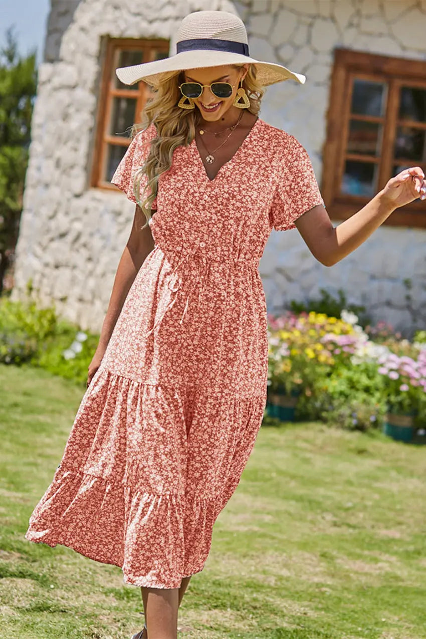 Floral Boho Dress Casual Short Sleeve V Neck Ruffle Tiered Summer Swing Maxi Dresses with Belt PRETTYGARDEN