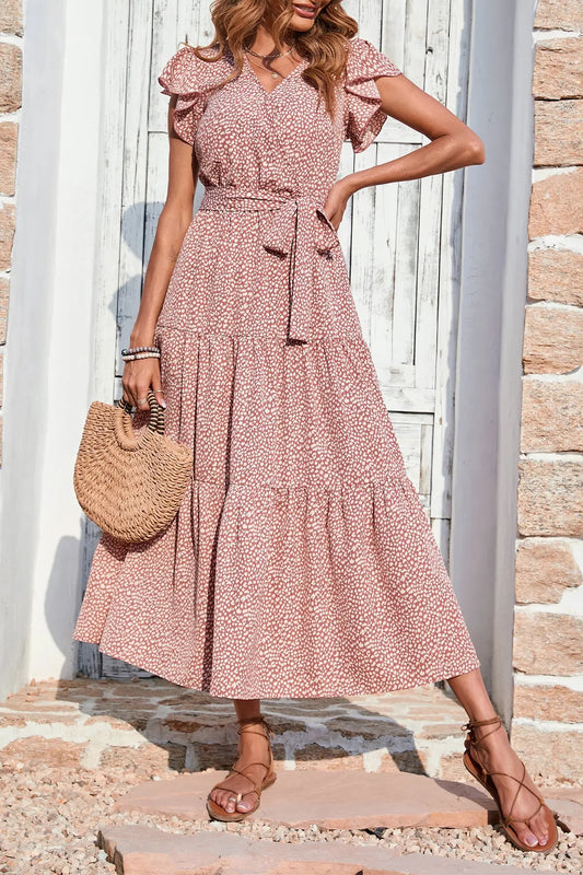 Floral Print Boho Wrap Dress with Belt PRETTYGARDEN