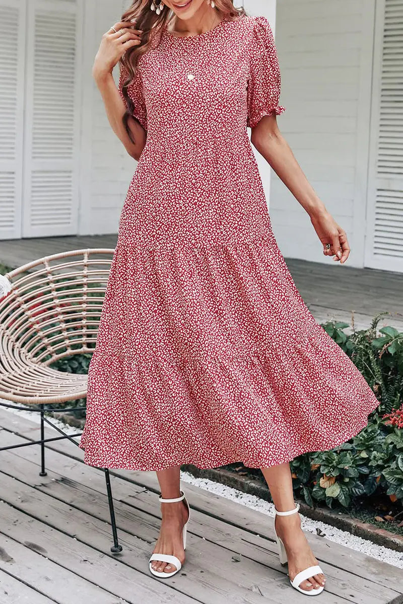 Floral Print Ruffle Puff Sleeve High Waist Midi Dresses PRETTYGARDEN