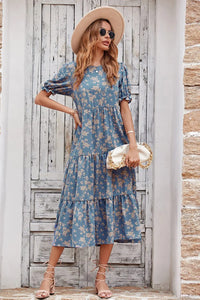 Floral Print Ruffle Puff Sleeve High Waist Midi Dresses PRETTYGARDEN