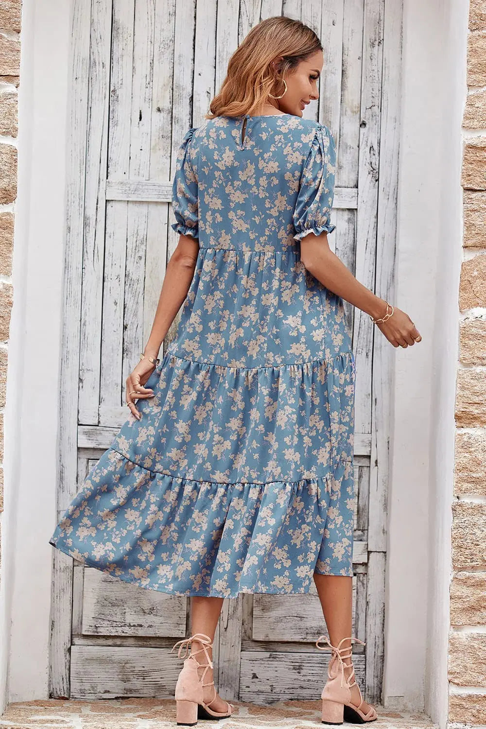 Floral Print Ruffle Puff Sleeve High Waist Midi Dresses PRETTYGARDEN