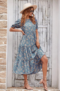 Floral Print Ruffle Puff Sleeve High Waist Midi Dresses PRETTYGARDEN