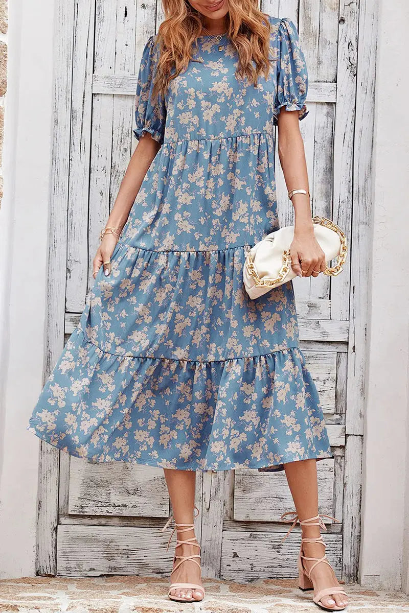 Floral Print Ruffle Puff Sleeve High Waist Midi Dresses PRETTYGARDEN