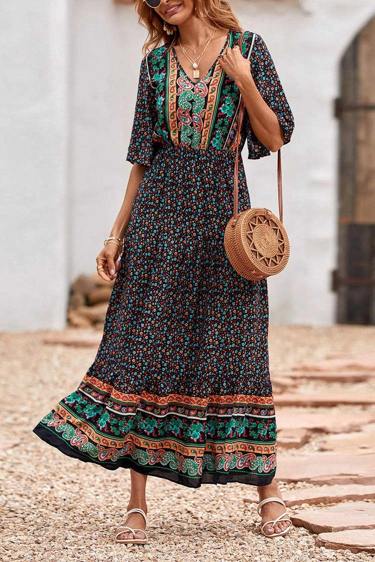 Floral Print V Neck Short Sleeve Summer Boho High Waist Long Maxi Dresses PRETTYGARDEN