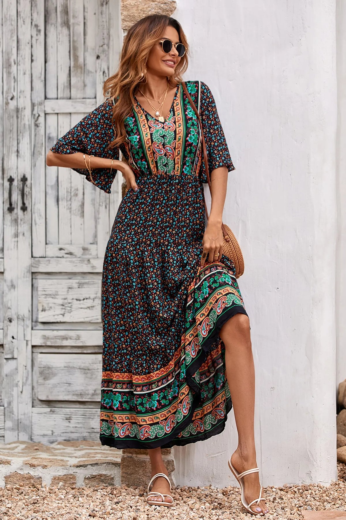 Floral Print V Neck Short Sleeve Summer Boho High Waist Long Maxi Dresses PRETTYGARDEN