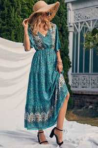 Floral Print V Neck Short Sleeve Summer Boho High Waist Long Maxi Dresses PRETTYGARDEN