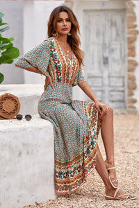 Floral Print V Neck Short Sleeve Summer Boho High Waist Long Maxi Dresses PRETTYGARDEN