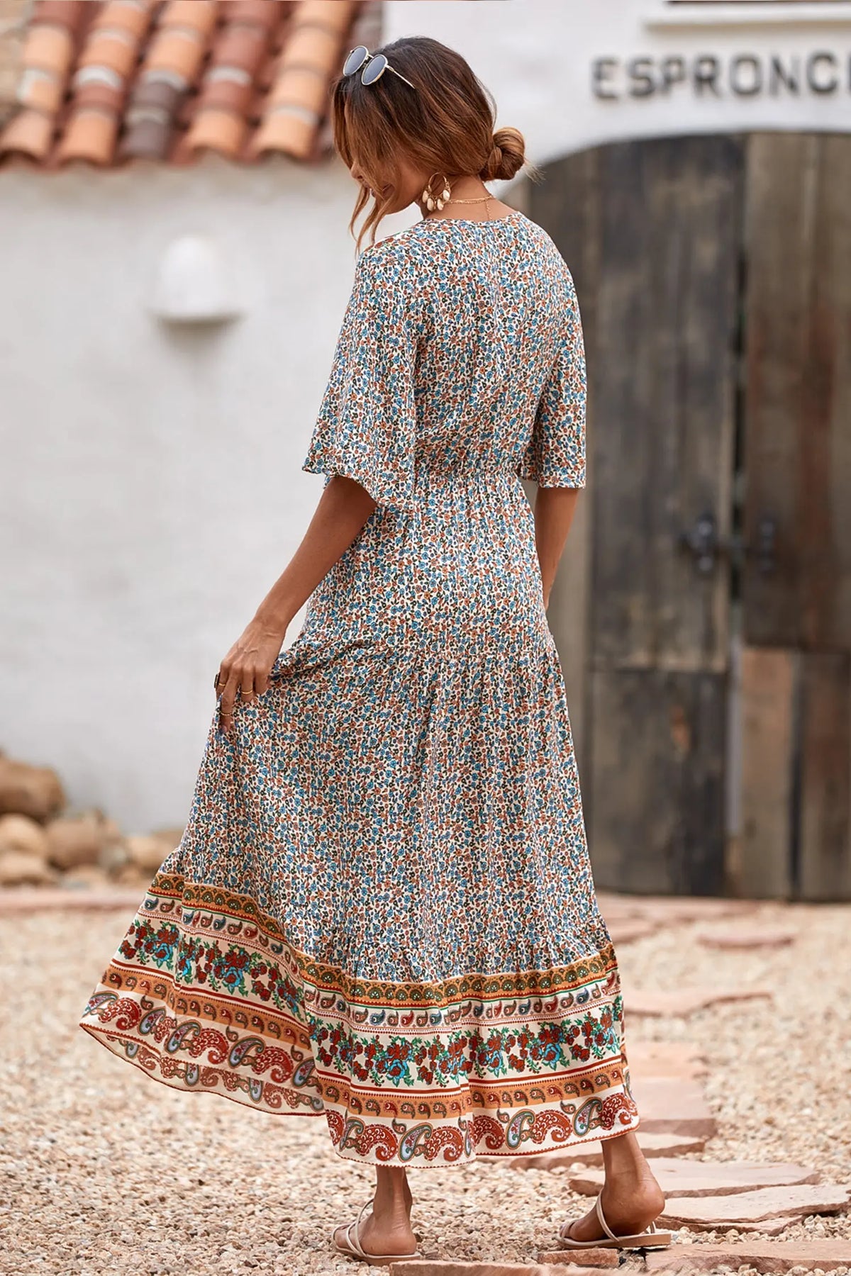 Floral Print V Neck Short Sleeve Summer Boho High Waist Long Maxi Dresses PRETTYGARDEN