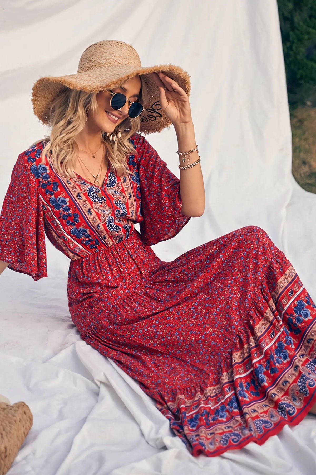 Floral Print V Neck Short Sleeve Summer Boho High Waist Long Maxi Dresses PRETTYGARDEN