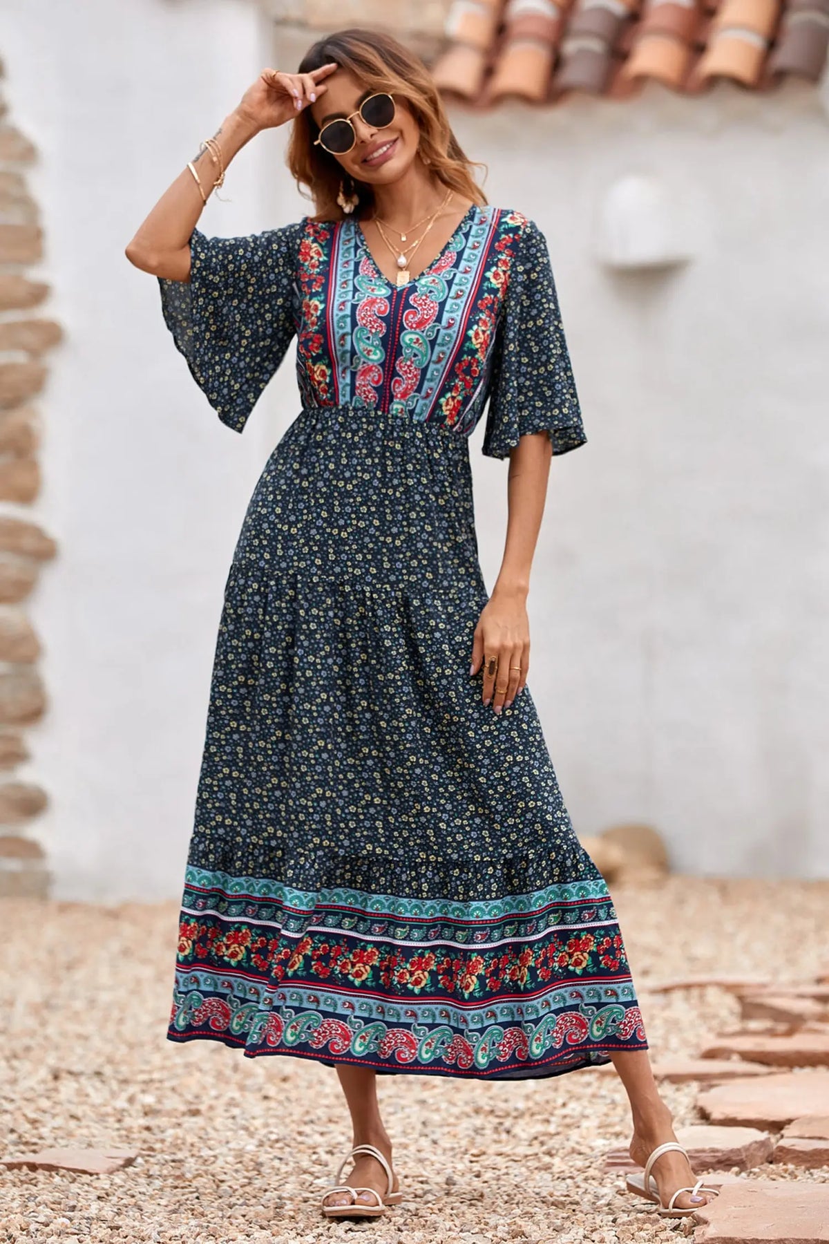 Floral Print V Neck Short Sleeve Summer Boho High Waist Long Maxi Dresses PRETTYGARDEN