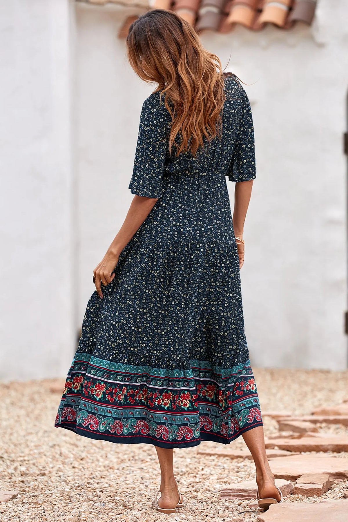 Floral Print V Neck Short Sleeve Summer Boho High Waist Long Maxi Dresses PRETTYGARDEN