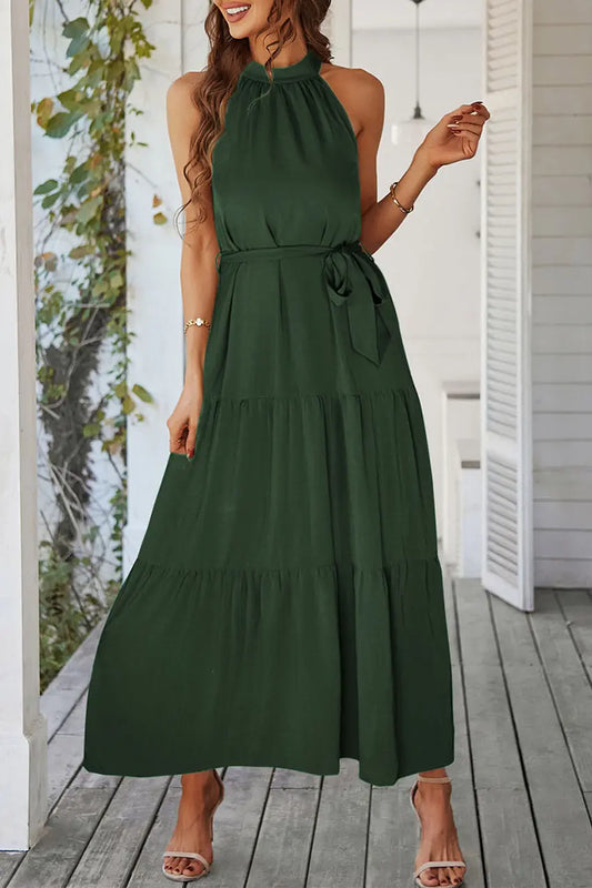 Floral Sleeveless Halter Neck Flowy Ruffle Hem Long Boho Dresses with Belt PRETTYGARDEN