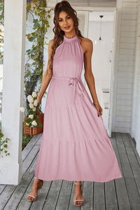 Floral Sleeveless Halter Neck Flowy Ruffle Hem Long Boho Dresses with Belt PRETTYGARDEN