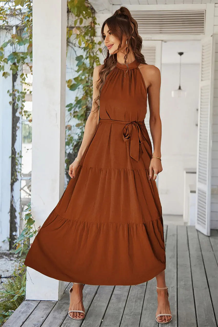 Floral Sleeveless Halter Neck Flowy Ruffle Hem Long Boho Dresses with Belt PRETTYGARDEN