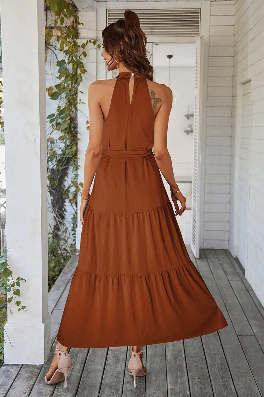 Floral Sleeveless Halter Neck Flowy Ruffle Hem Long Boho Dresses with Belt PRETTYGARDEN