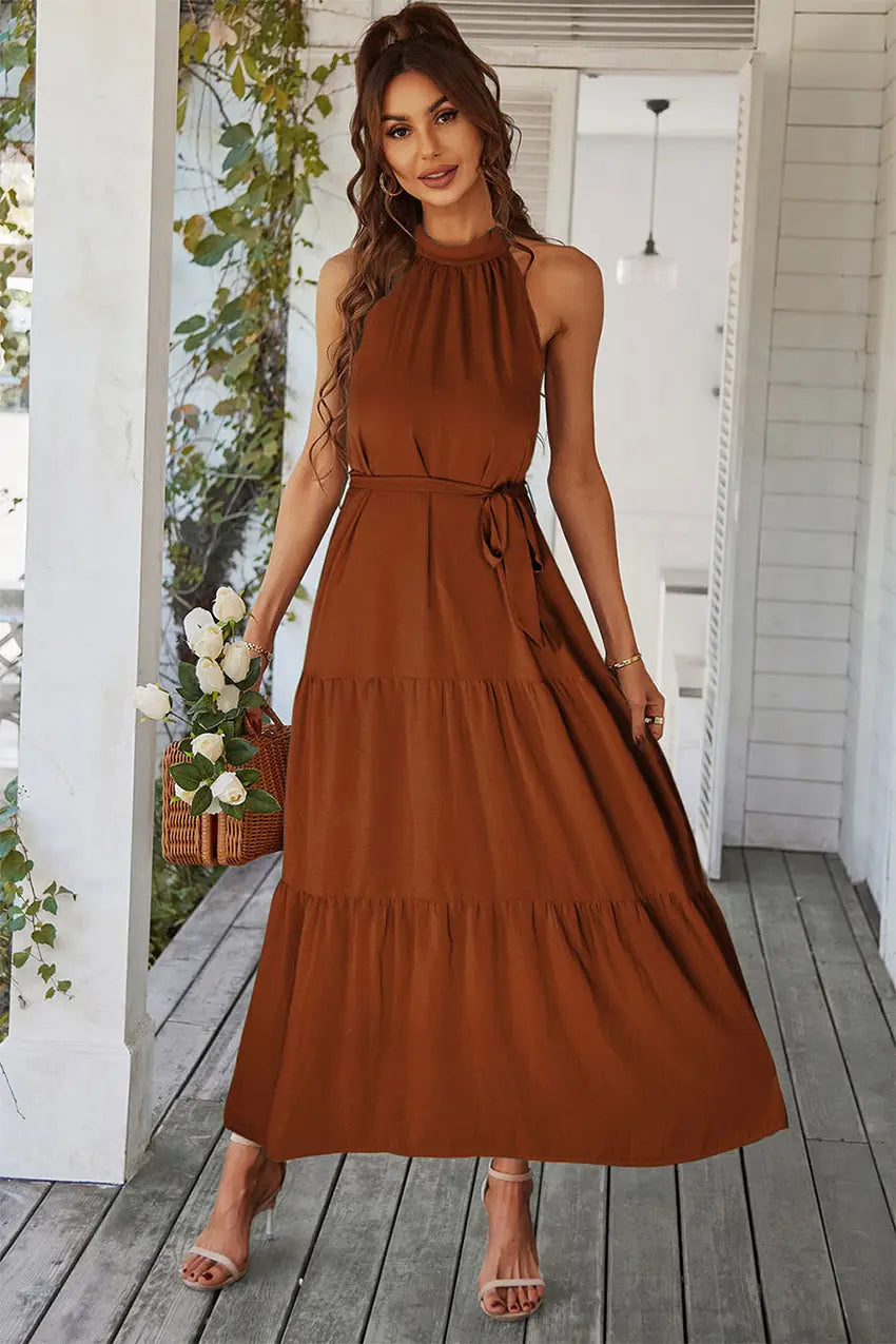 Floral Sleeveless Halter Neck Flowy Ruffle Hem Long Boho Dresses with Belt PRETTYGARDEN