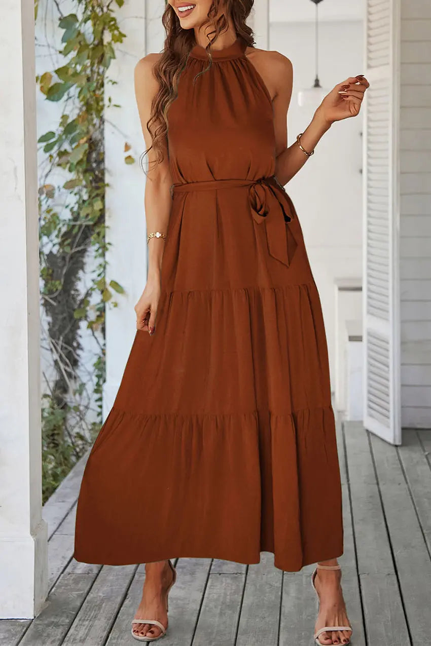 Floral Sleeveless Halter Neck Flowy Ruffle Hem Long Boho Dresses with Belt PRETTYGARDEN