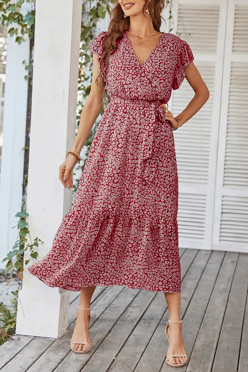 Floral Wrap V Neck Hem A-Line Bohemian Maxi Dresses PRETTYGARDEN