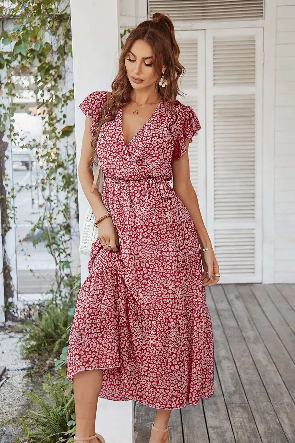 Floral Wrap V Neck Hem A-Line Bohemian Maxi Dresses PRETTYGARDEN