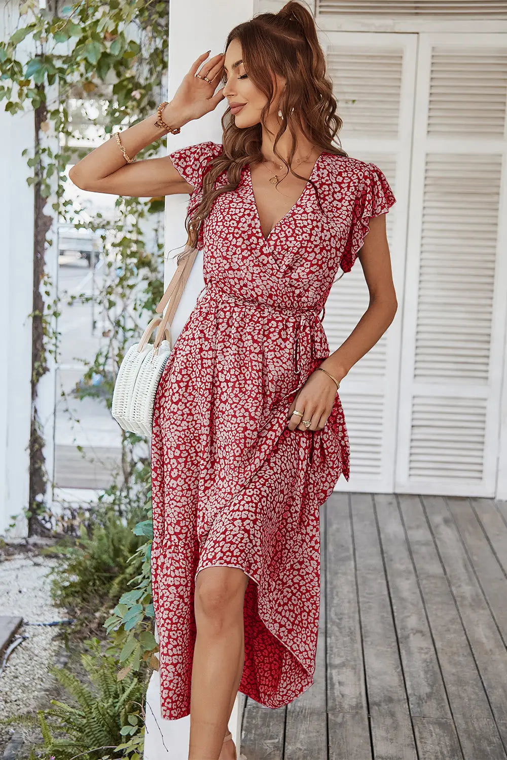 Floral Wrap V Neck Hem A-Line Bohemian Maxi Dresses PRETTYGARDEN