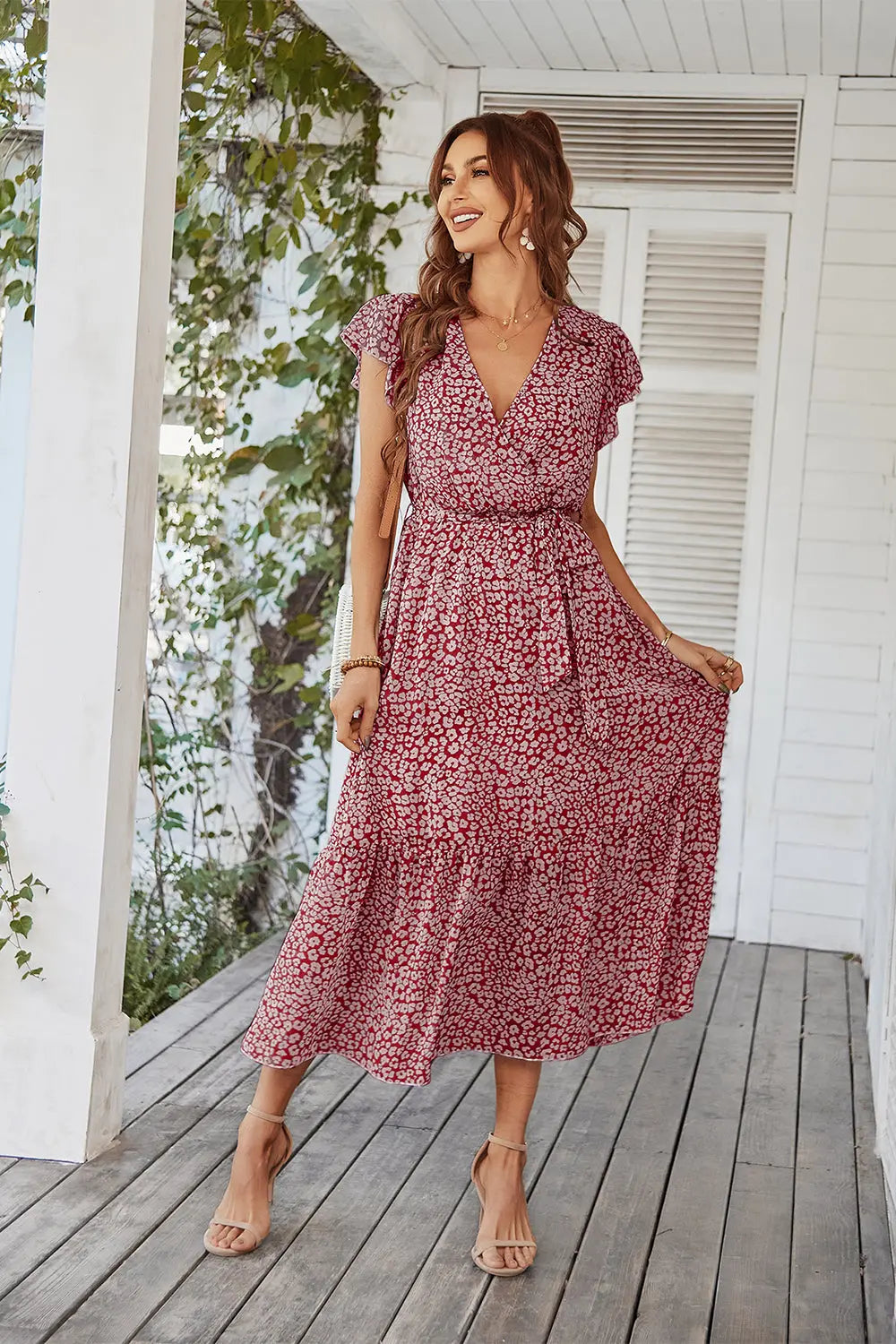 Floral Wrap V Neck Hem A-Line Bohemian Maxi Dresses PRETTYGARDEN