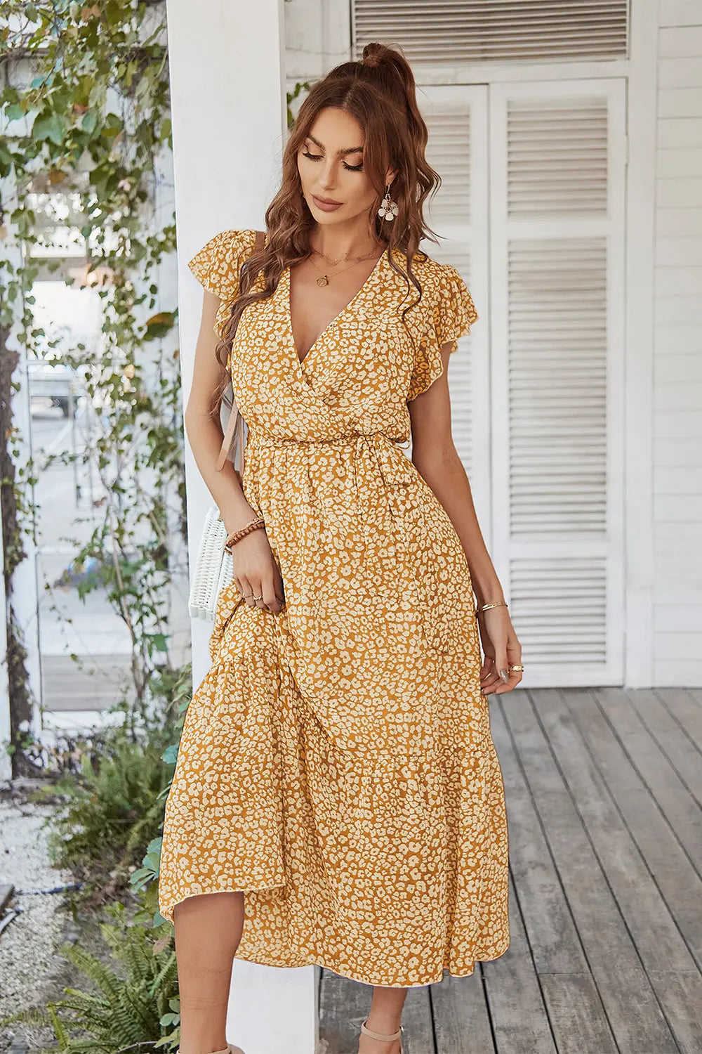 Floral Wrap V Neck Hem A-Line Bohemian Maxi Dresses PRETTYGARDEN