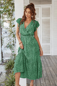 Floral Wrap V Neck Hem A-Line Bohemian Maxi Dresses PRETTYGARDEN