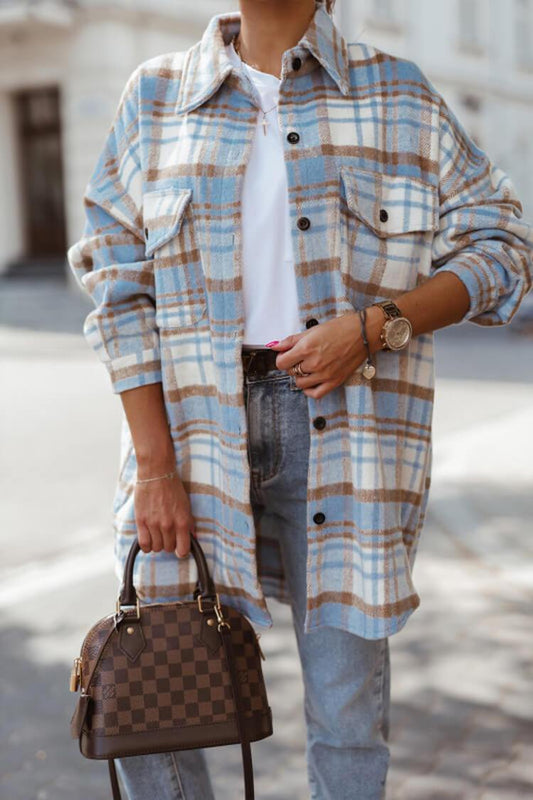 Long Sleeve Button Down Flannel Plaid Shacket Jackets Oversized Long Shirt Jacket PRETTYGARDEN