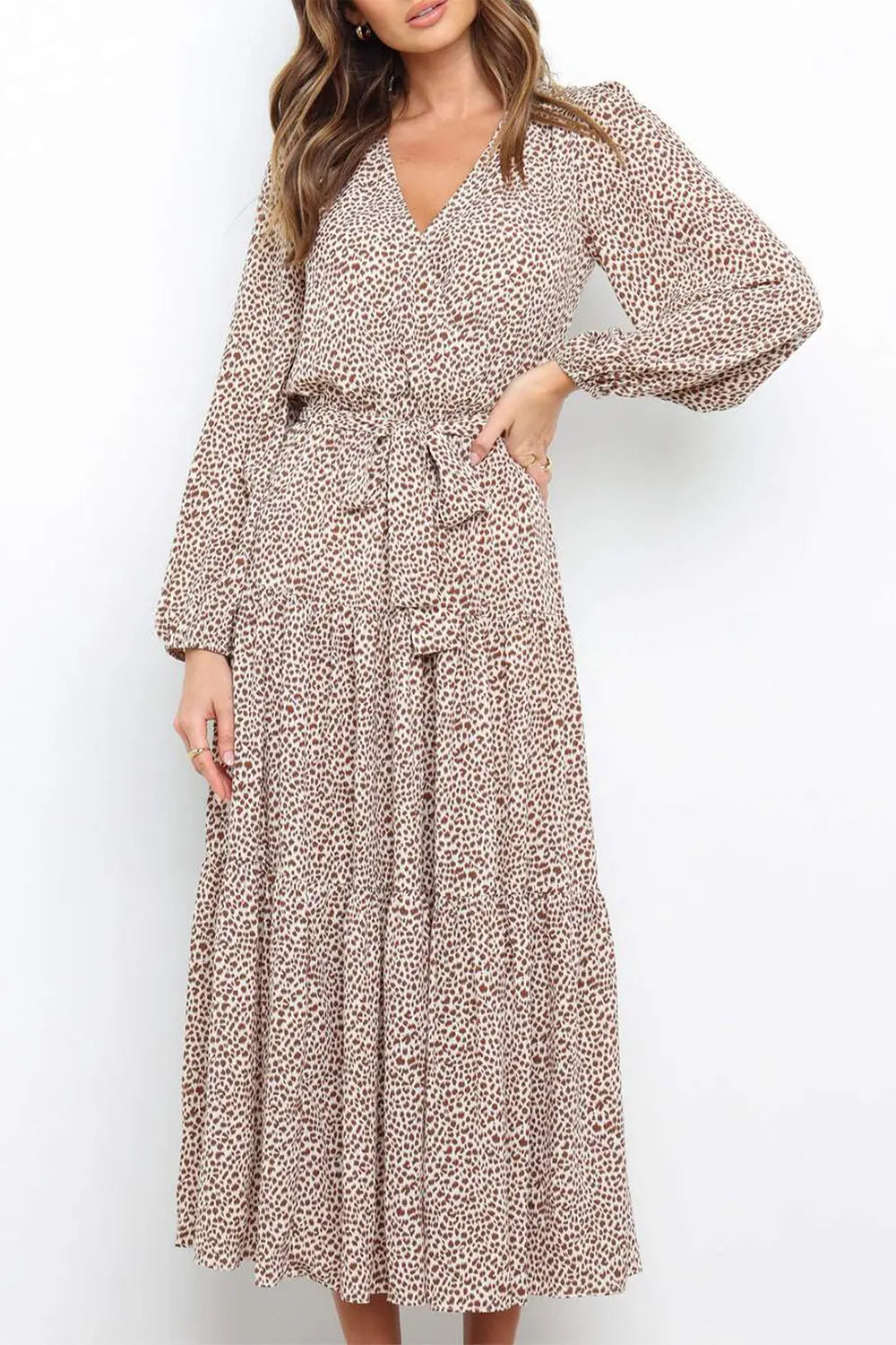 Long Sleeve V Neck Leopard Print Ruffle Tiered Maxi Dress PRETTYGARDEN