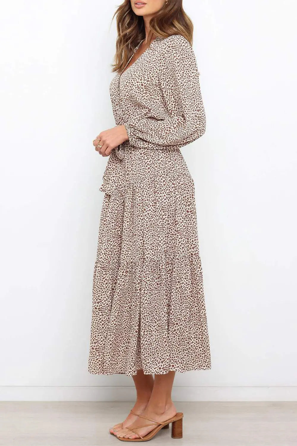 Long Sleeve V Neck Leopard Print Ruffle Tiered Maxi Dress PRETTYGARDEN