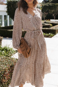 Long Sleeve V Neck Leopard Print Ruffle Tiered Maxi Dress PRETTYGARDEN