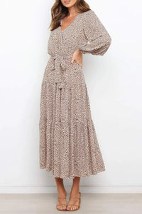 Long Sleeve V Neck Leopard Print Ruffle Tiered Maxi Dress PRETTYGARDEN