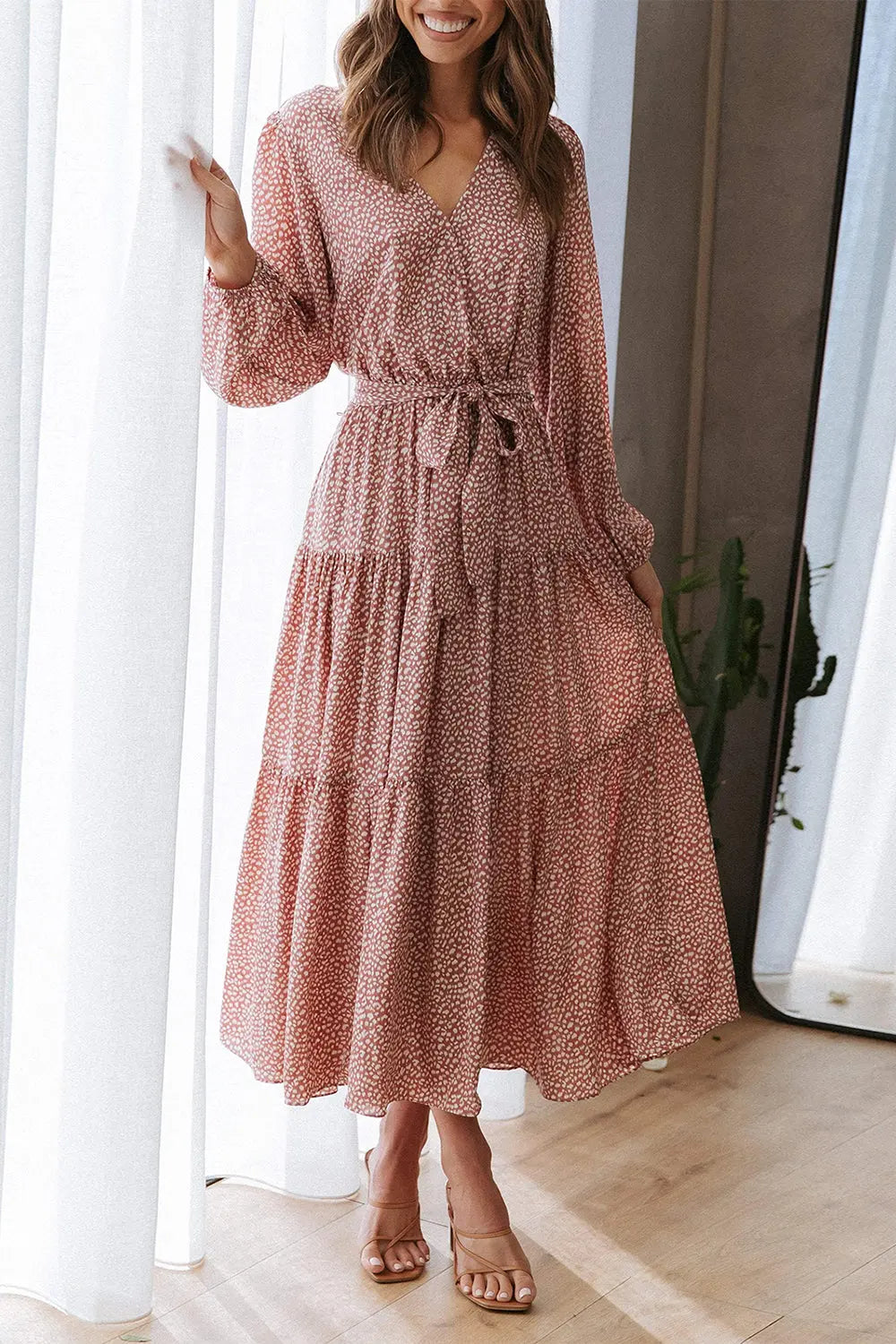 Long Sleeve V Neck Leopard Print Ruffle Tiered Maxi Dress PRETTYGARDEN