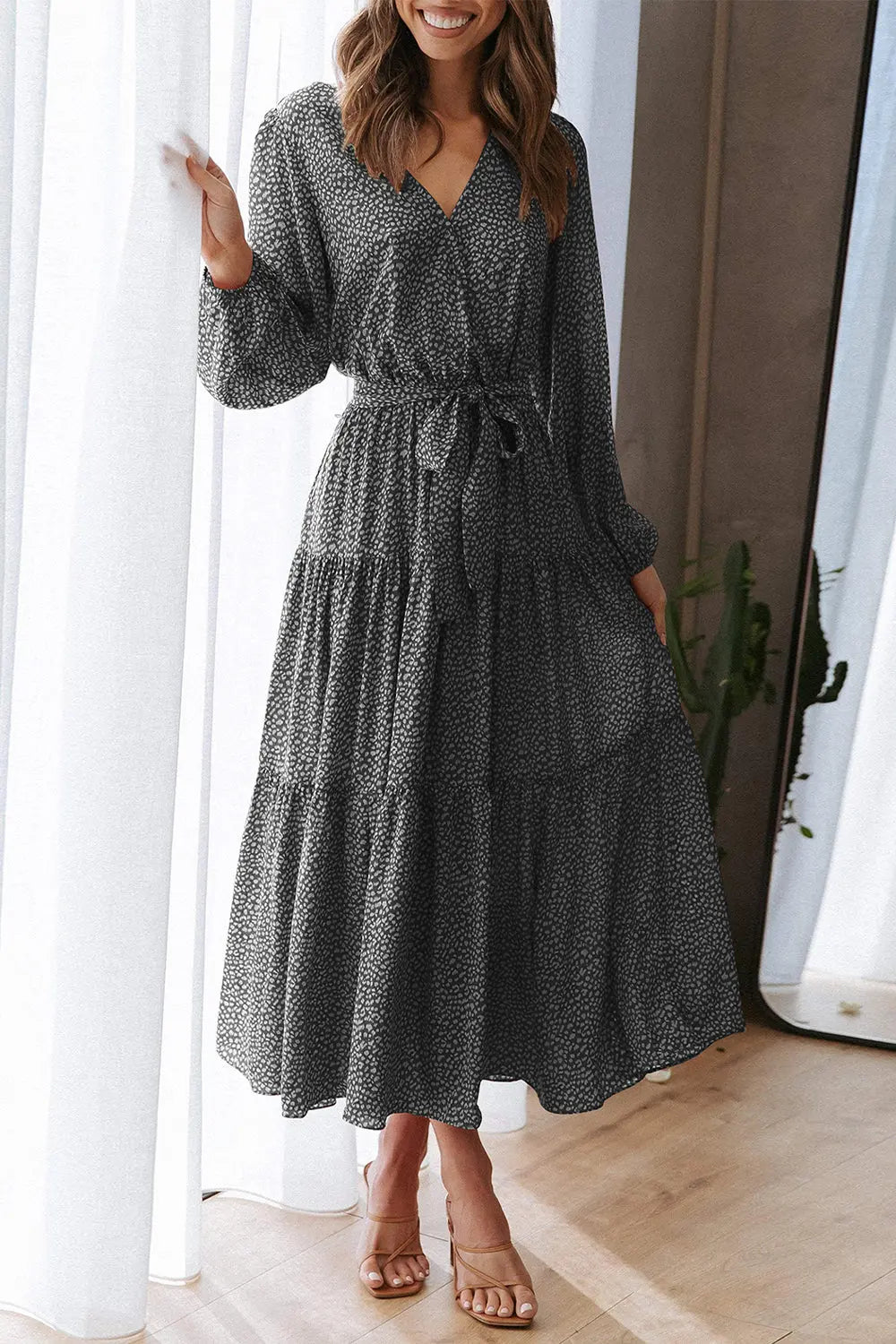 Long Sleeve V Neck Leopard Print Ruffle Tiered Maxi Dress PRETTYGARDEN