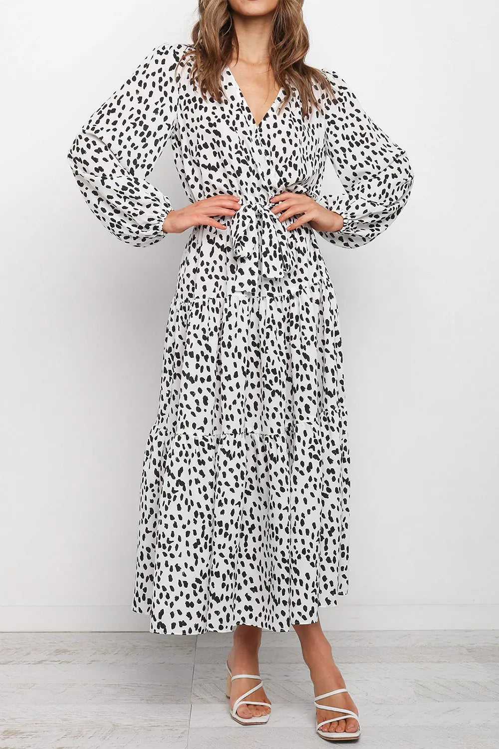 Long Sleeve V Neck Leopard Print Ruffle Tiered Maxi Dress PRETTYGARDEN