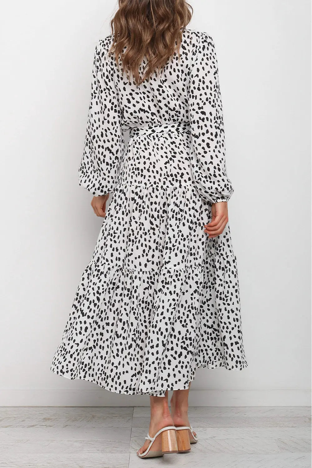 Long Sleeve V Neck Leopard Print Ruffle Tiered Maxi Dress PRETTYGARDEN