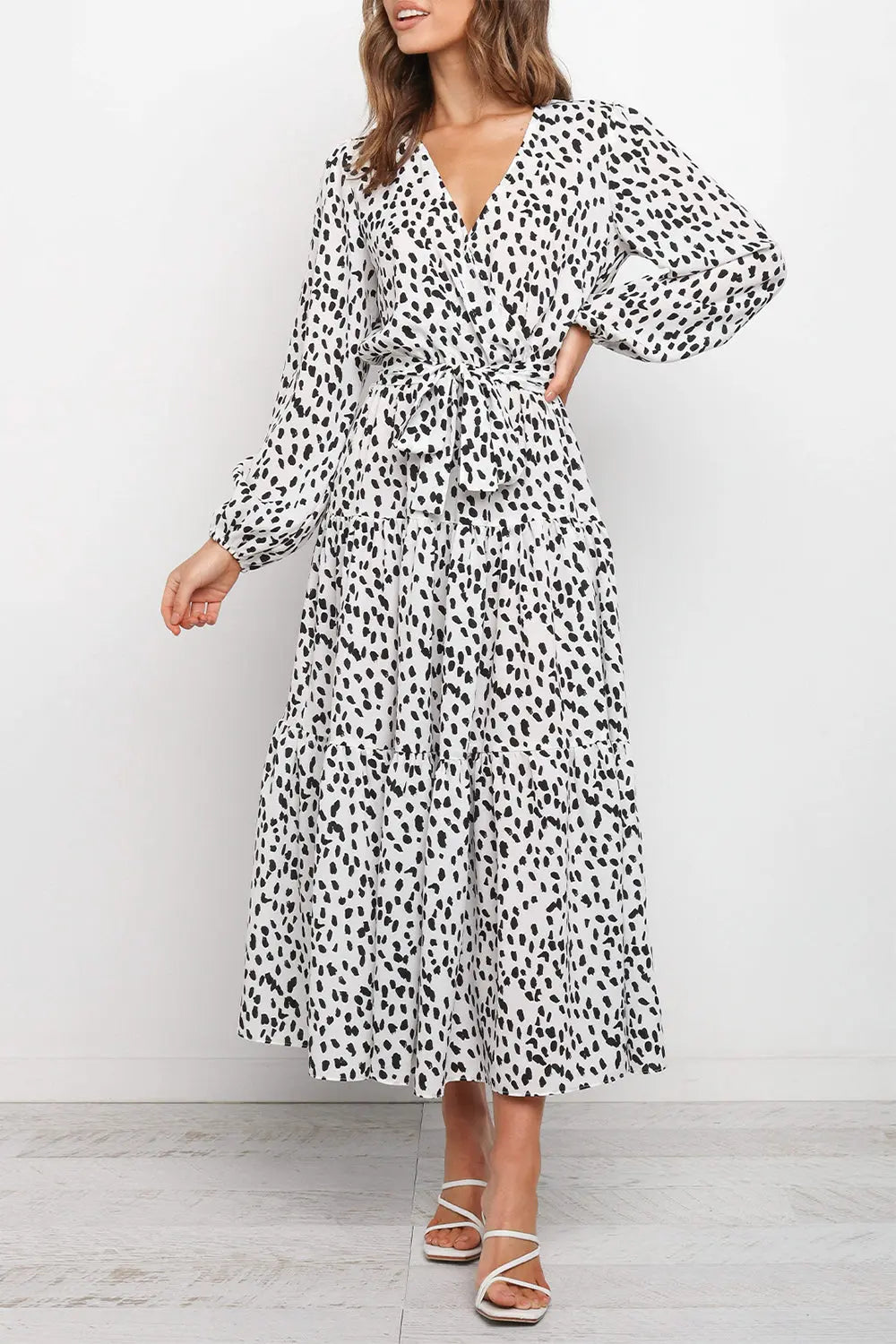 Long Sleeve V Neck Leopard Print Ruffle Tiered Maxi Dress PRETTYGARDEN