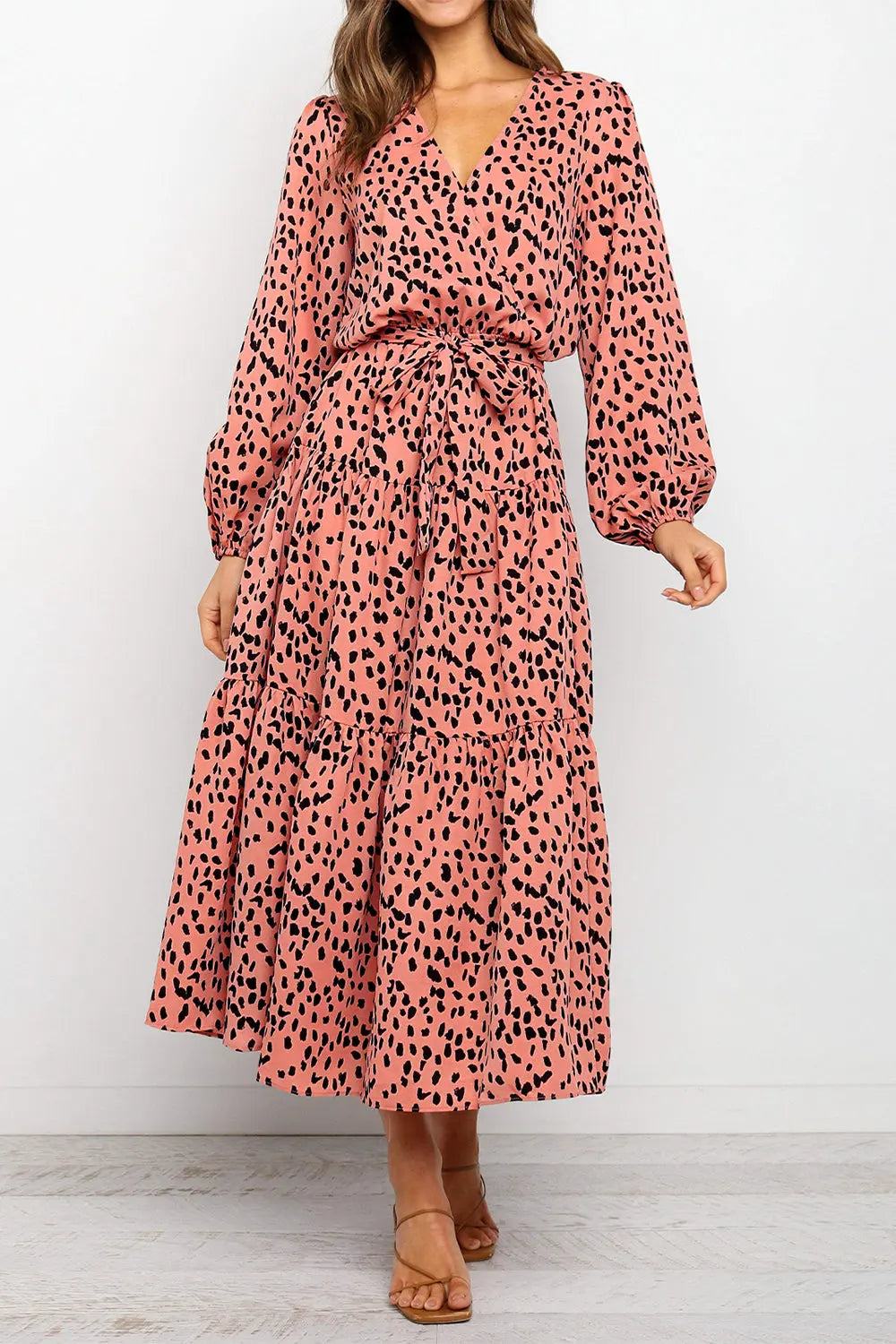 Long Sleeve V Neck Leopard Print Ruffle Tiered Maxi Dress PRETTYGARDEN