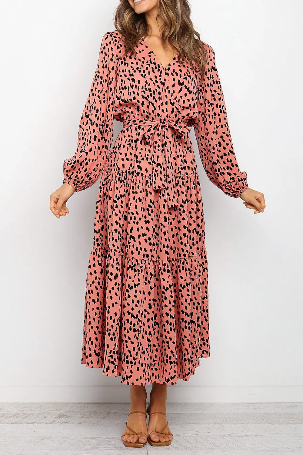 Long Sleeve V Neck Leopard Print Ruffle Tiered Maxi Dress PRETTYGARDEN