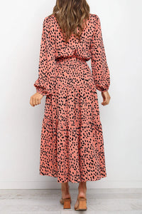 Long Sleeve V Neck Leopard Print Ruffle Tiered Maxi Dress PRETTYGARDEN