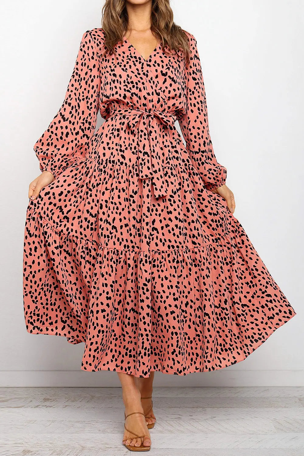 Long Sleeve V Neck Leopard Print Ruffle Tiered Maxi Dress PRETTYGARDEN