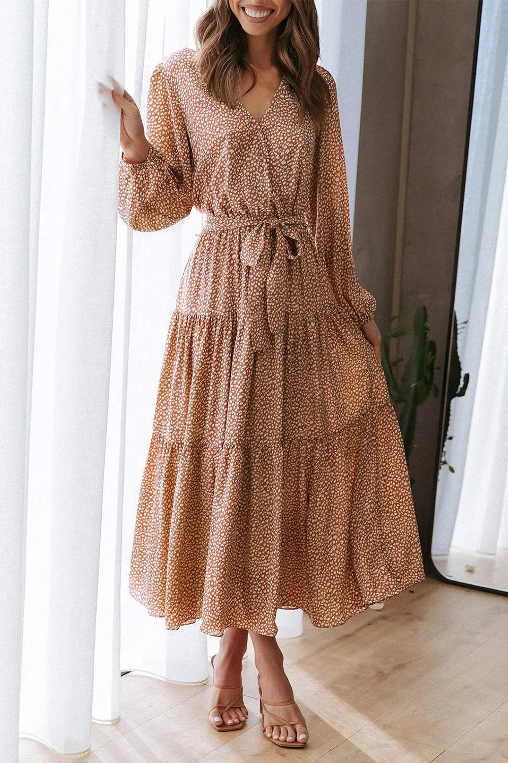 Long Sleeve V Neck Leopard Print Ruffle Tiered Maxi Dress PRETTYGARDEN