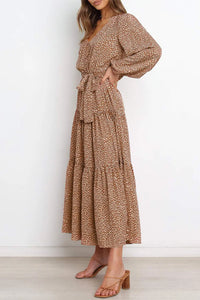 Long Sleeve V Neck Leopard Print Ruffle Tiered Maxi Dress PRETTYGARDEN