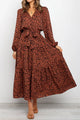 Long Sleeve V Neck Leopard Print Ruffle Tiered Maxi Dress PRETTYGARDEN